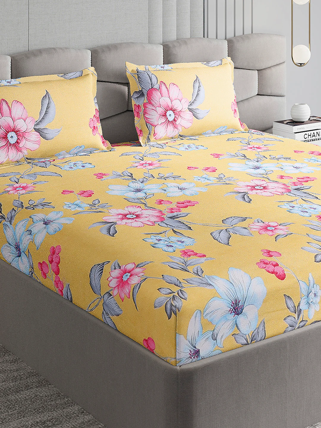 254 GSM Micro King Fitted Bed 1 Fitted Bedsheet with 2 Pillow Cover (Clare FT)
