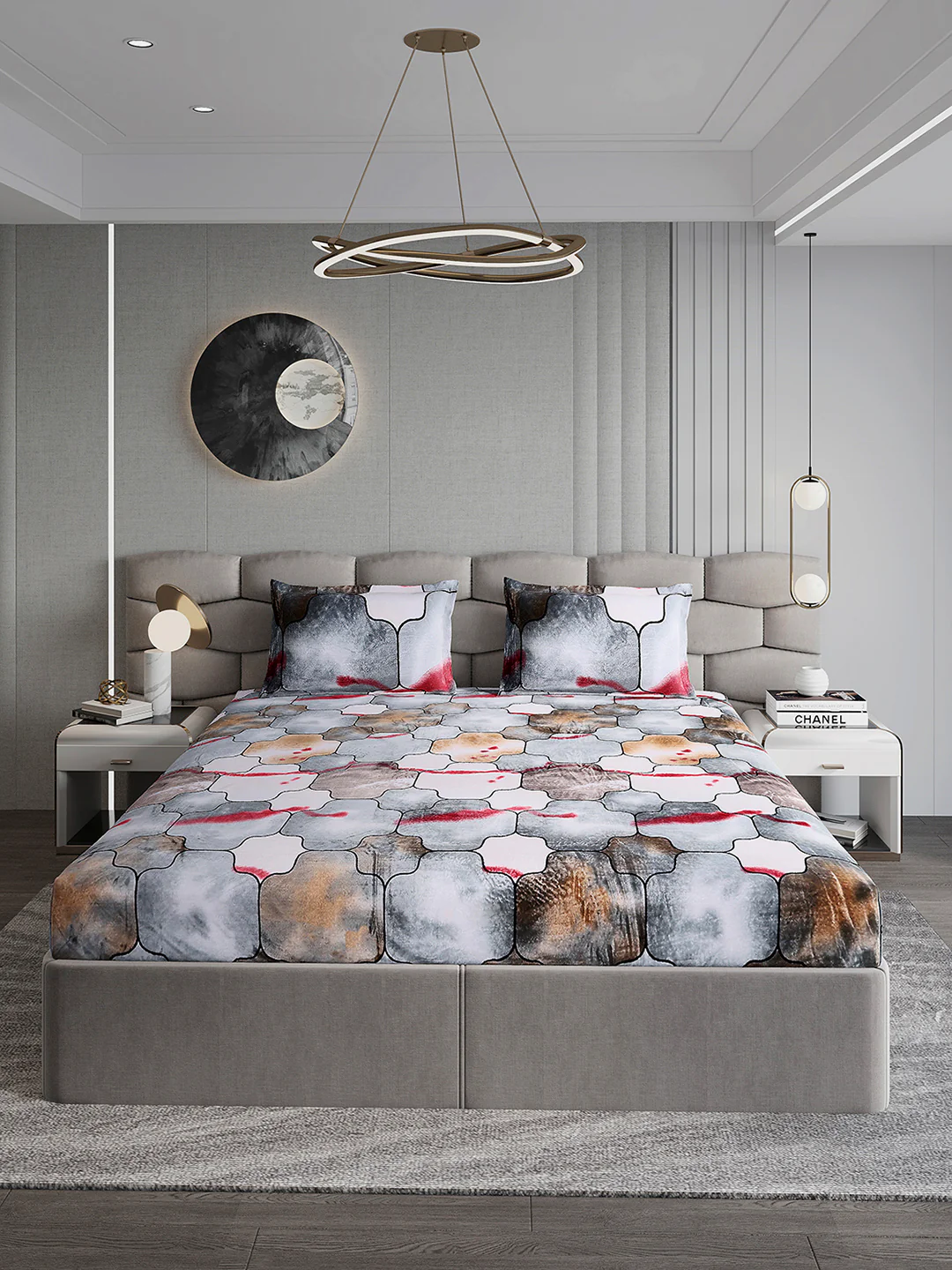 374 GSM 100% Polyester Double Bed 1 Bedsheet with 2 Pillow Cover (Impression) - Image 2