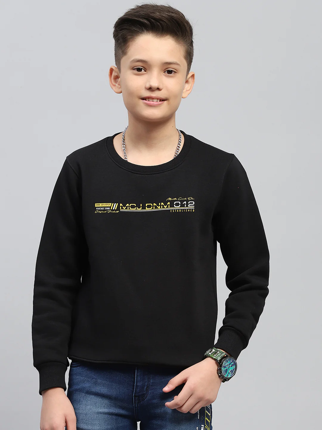 Boys Black Printed Round Neck Full Sleeve Sweatshirt
