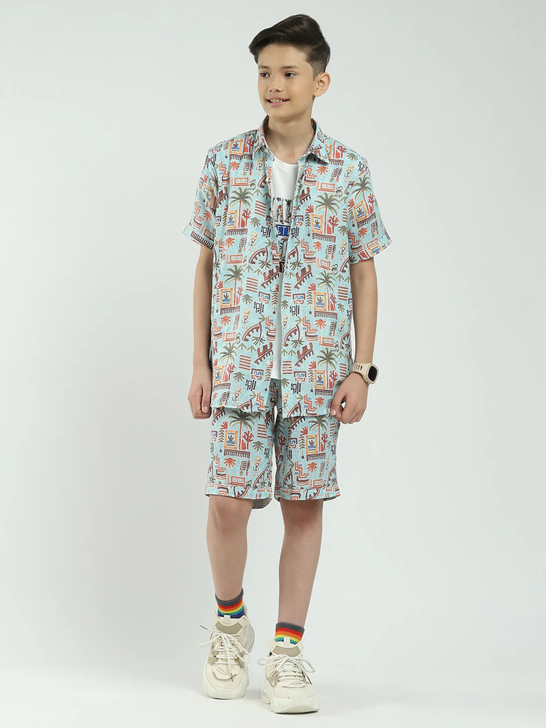 Boys Blue Printed Collar Half Sleeve Cords Set