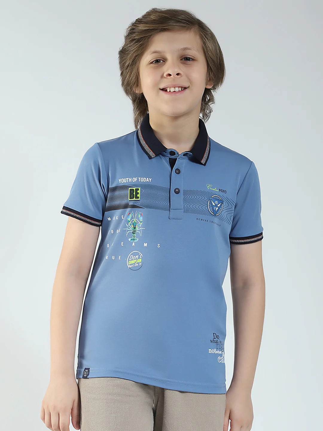 Boys Blue Printed Collar Half Sleeve T-Shirt
