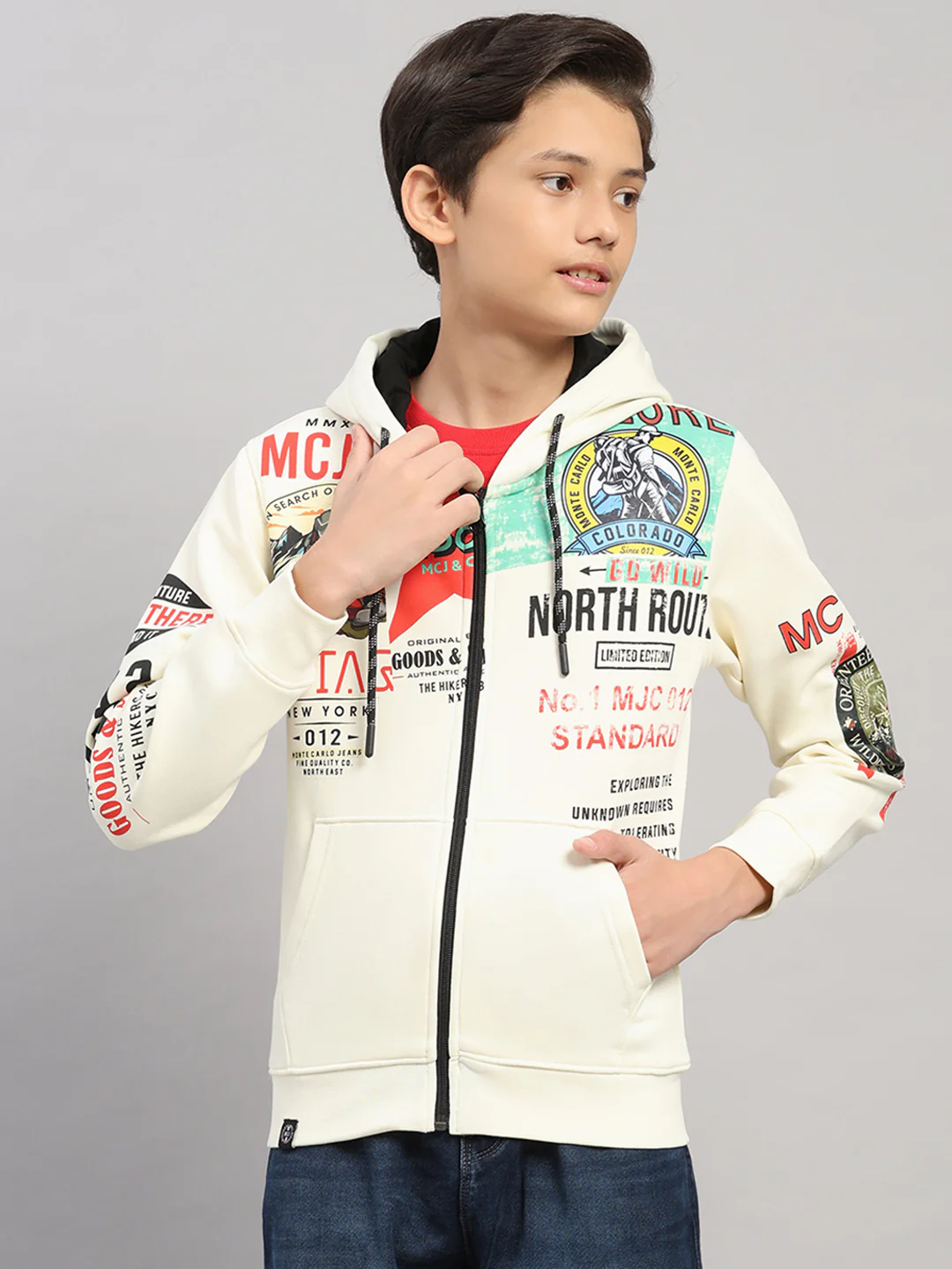 Boys Cream Printed Hooded Full Sleeve Sweatshirt