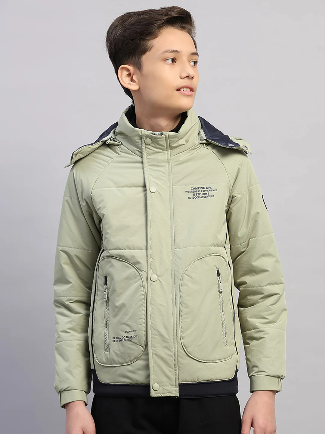Boys Green Printed Hooded Full Sleeve Jacket
