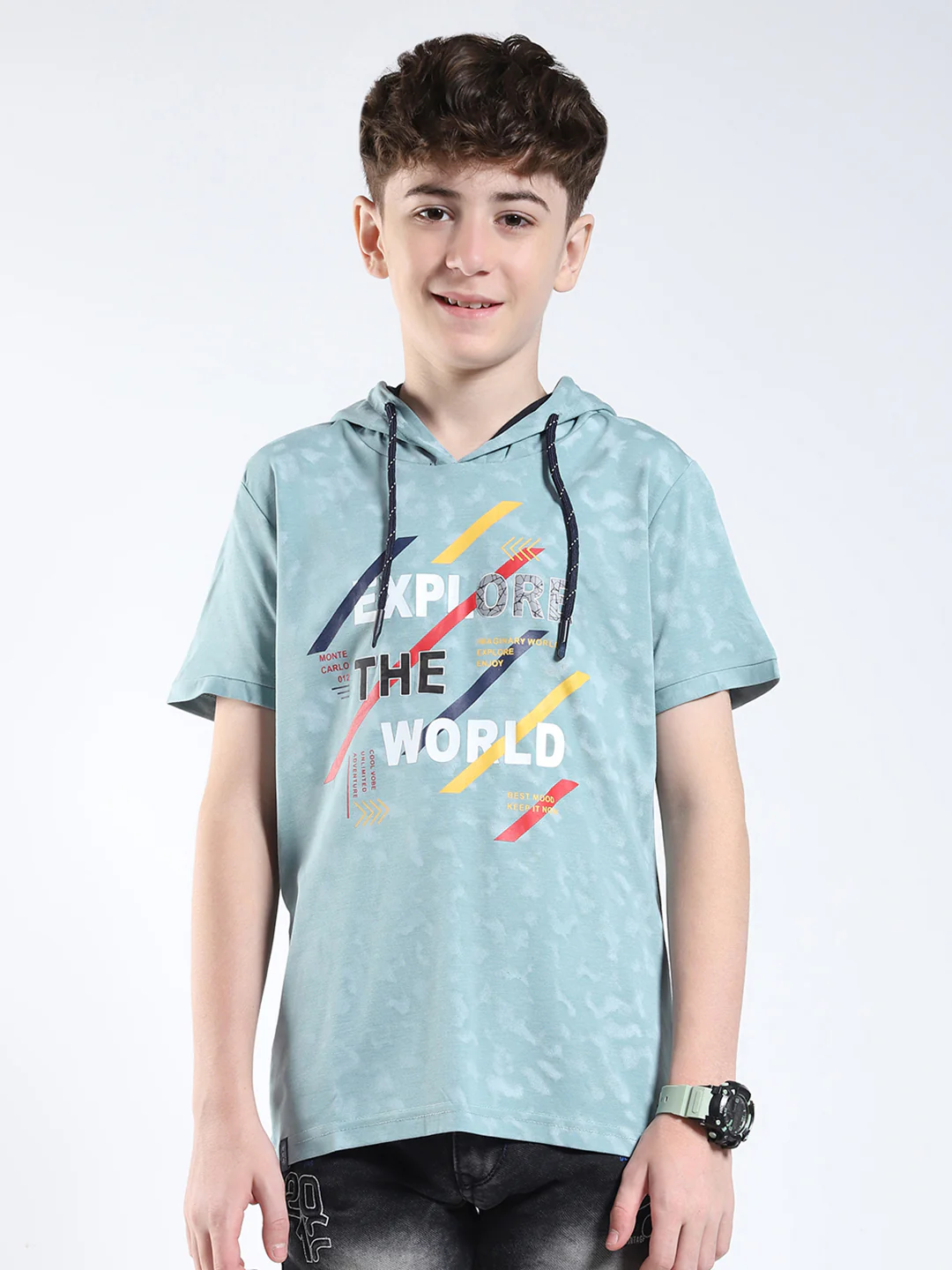 Boys Green Printed Hooded Half Sleeve T-Shirt