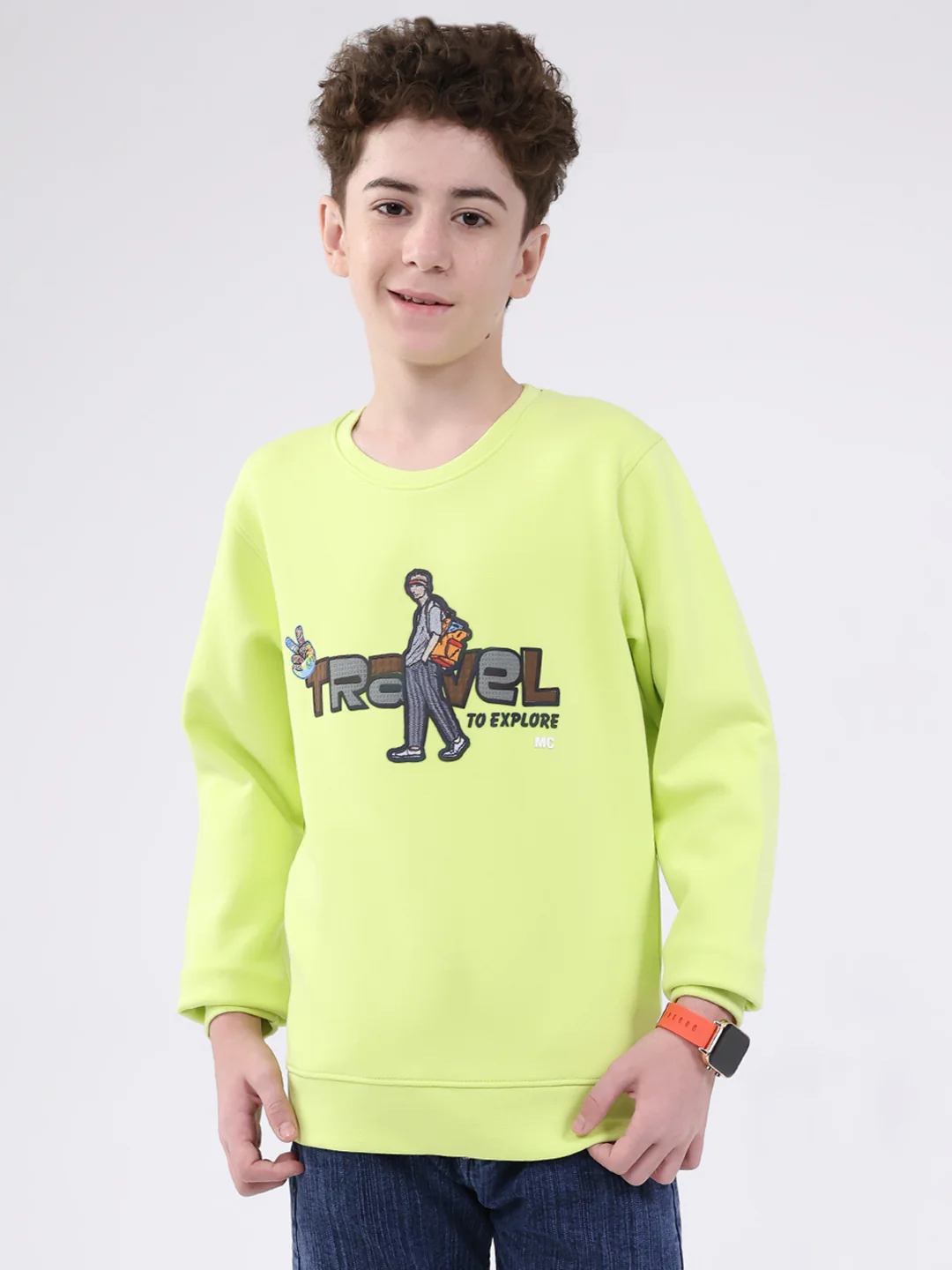 Boys Green Printed Round Neck Full Sleeve Sweatshirt