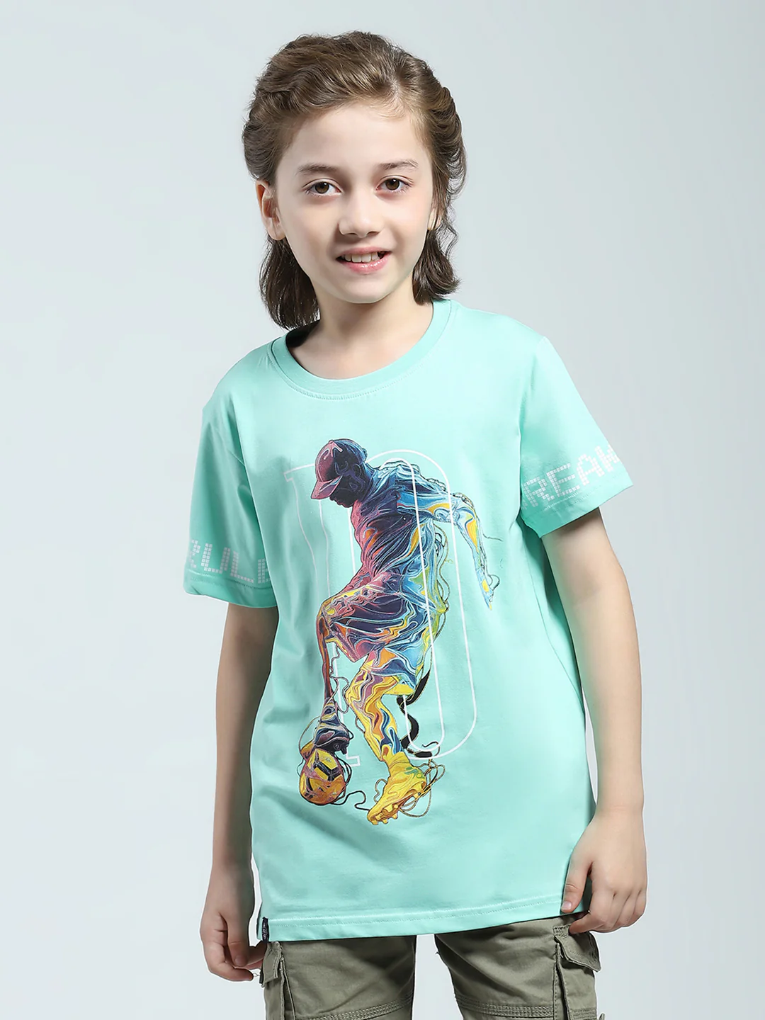 Boys Green Printed Round Neck Half Sleeve T-Shirt