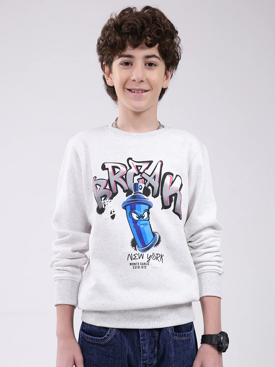Boys Grey Printed Round Neck Full Sleeve Sweatshirt