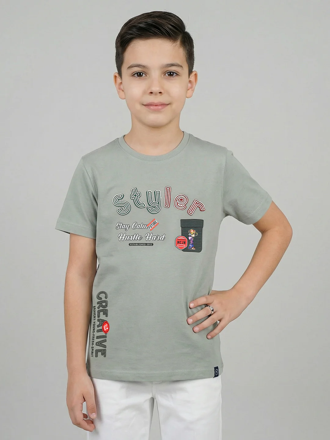 Boys Grey Printed Round Neck Half Sleeve T-Shirt