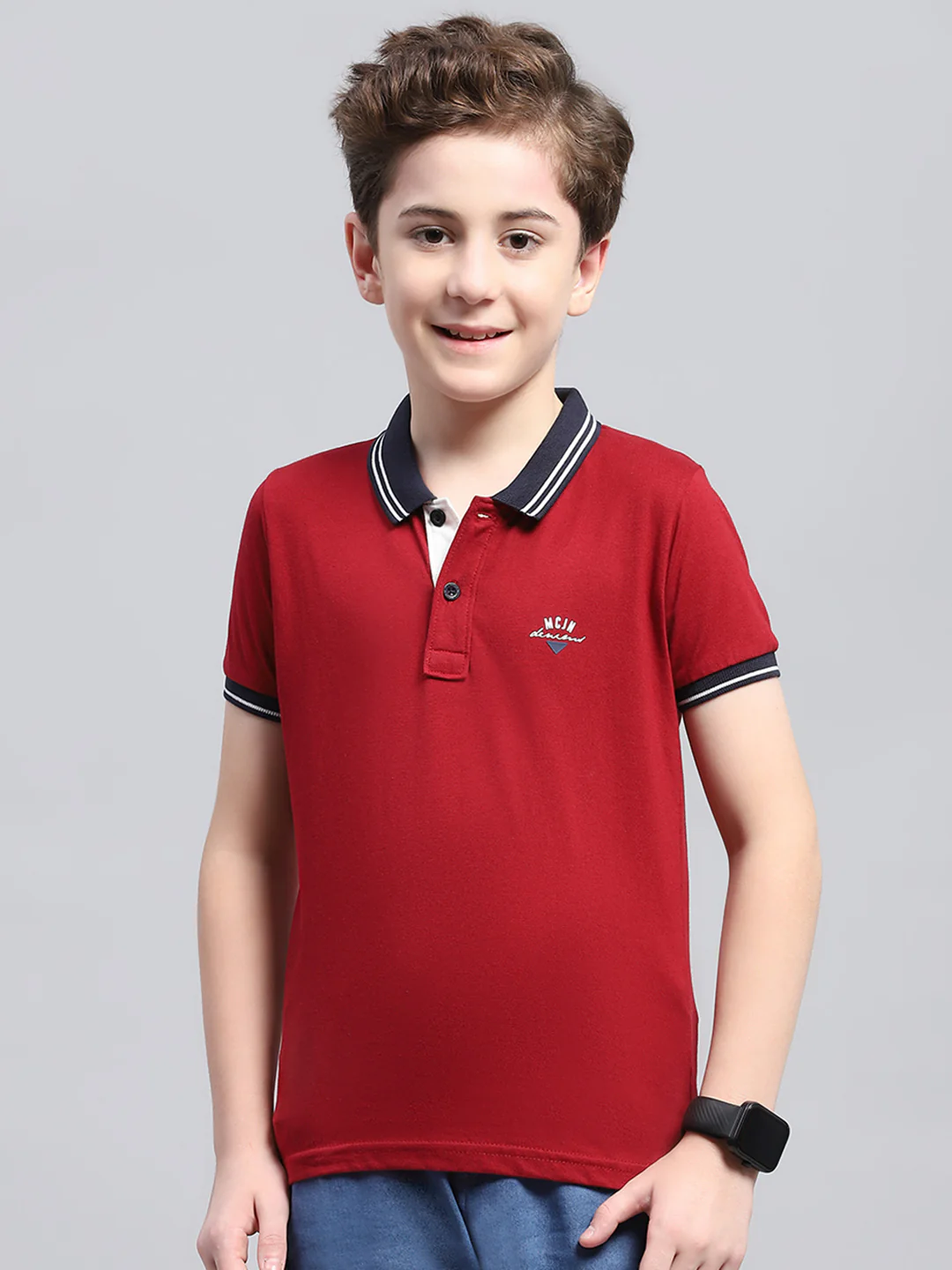 Boys Maroon Printed Collar Half Sleeve T-Shirt