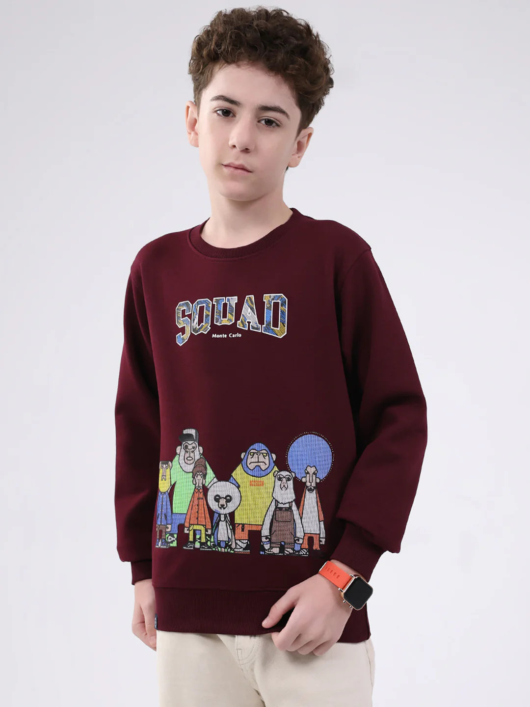 Boys Maroon Printed Round Neck Full Sleeve Sweatshirt