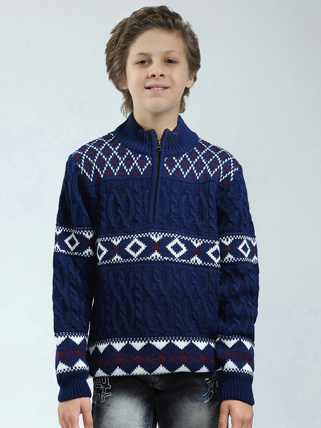 Boys Navy Blue Self Design Mock Neck Full Sleeve Pullover