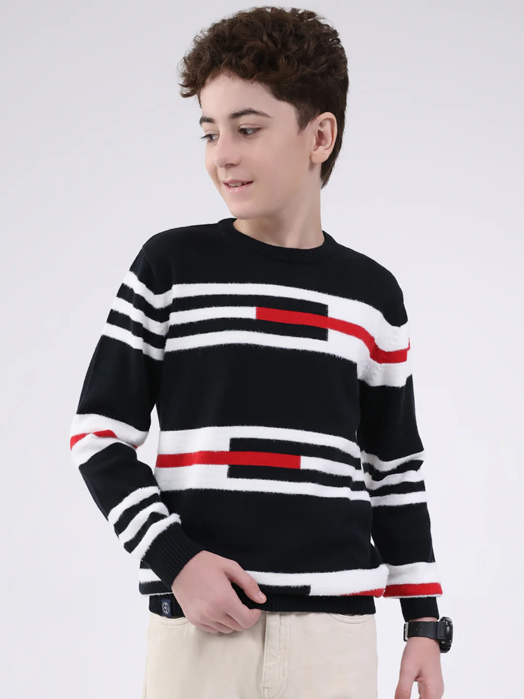 Boys Navy Blue Self Design Round Neck Full Sleeve Pullover