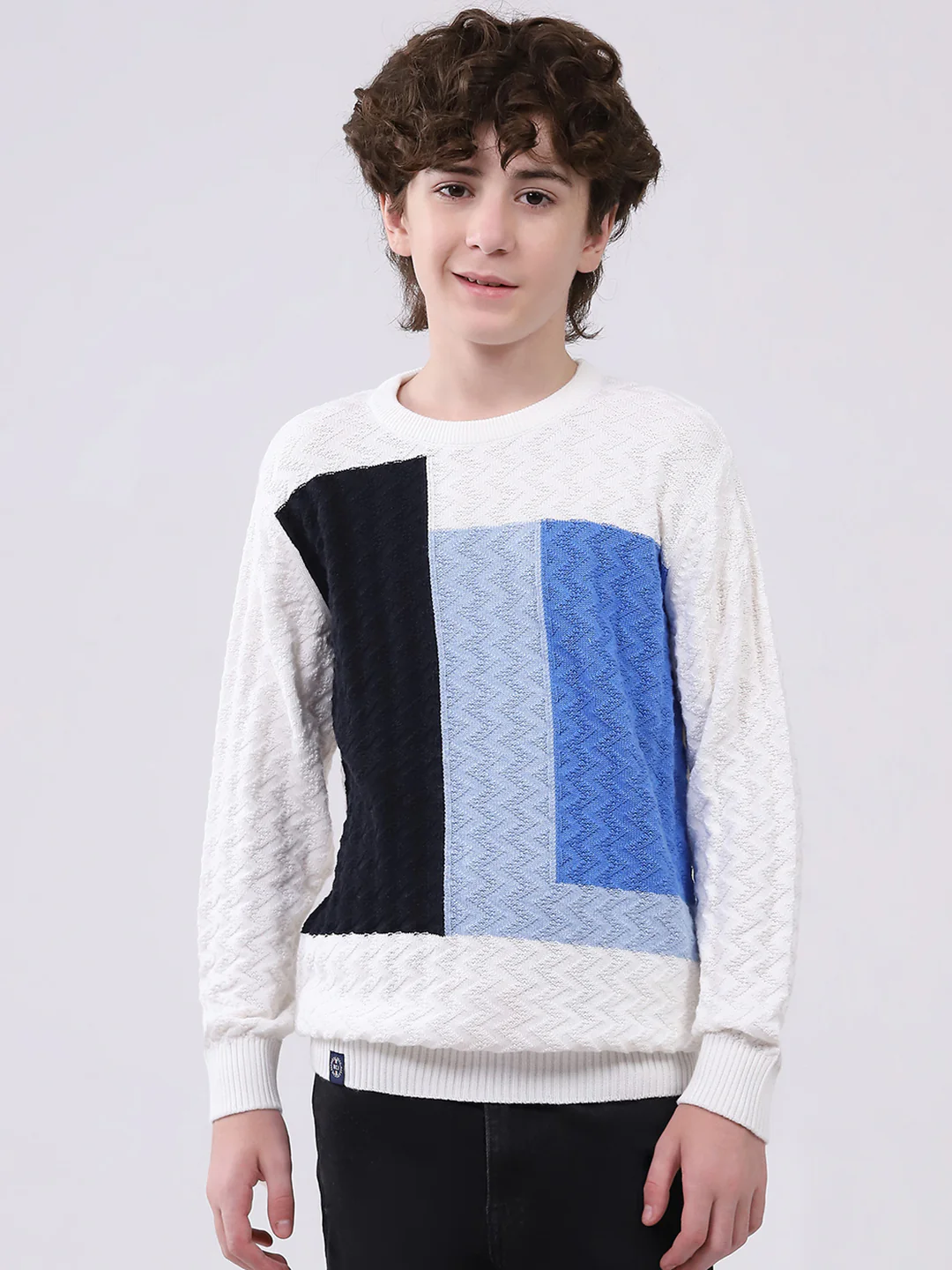 Boys Off White Self Design Round Neck Full Sleeve Pullover