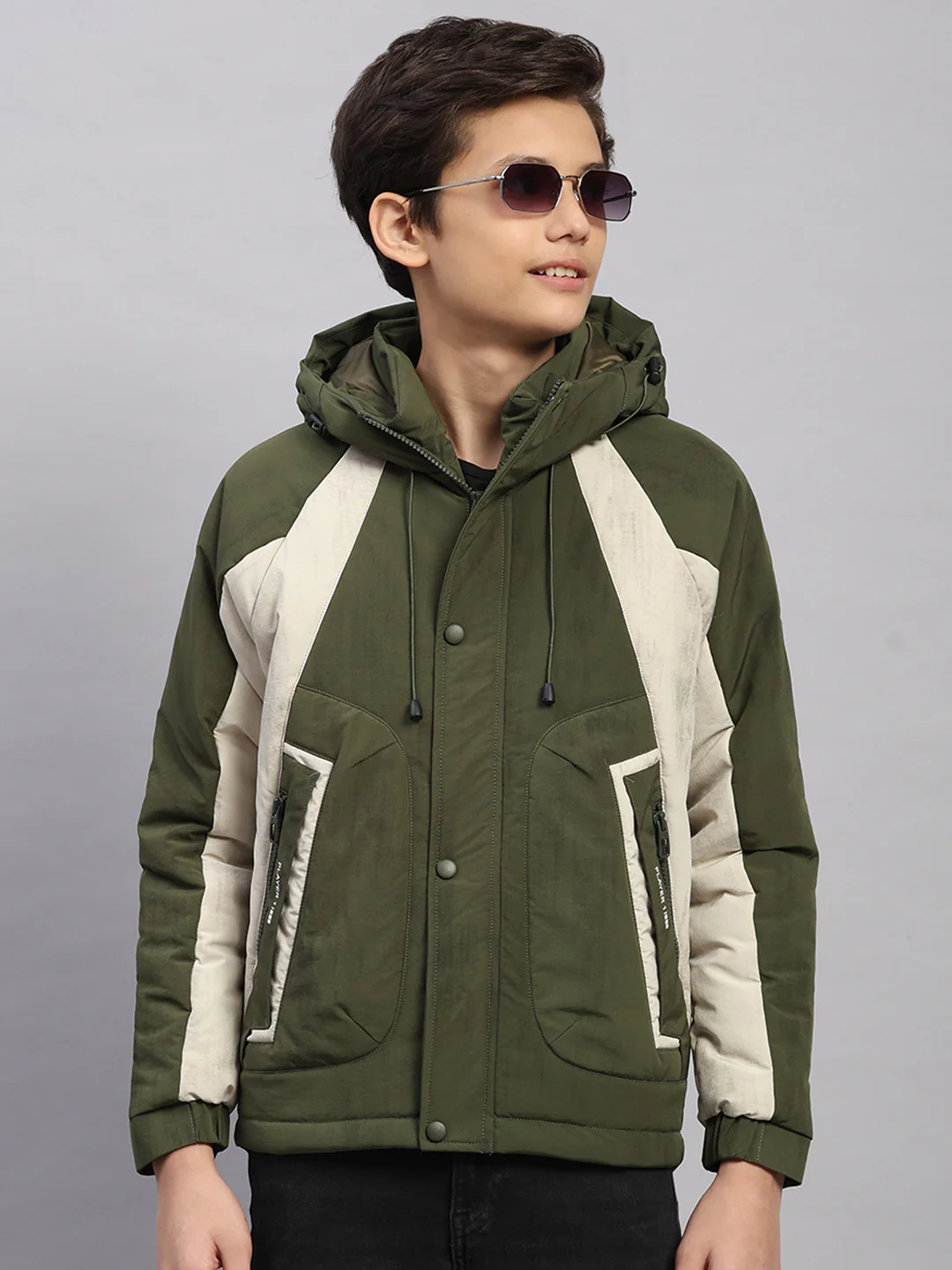 Boys Olive Printed Hooded Full Sleeve Jacket