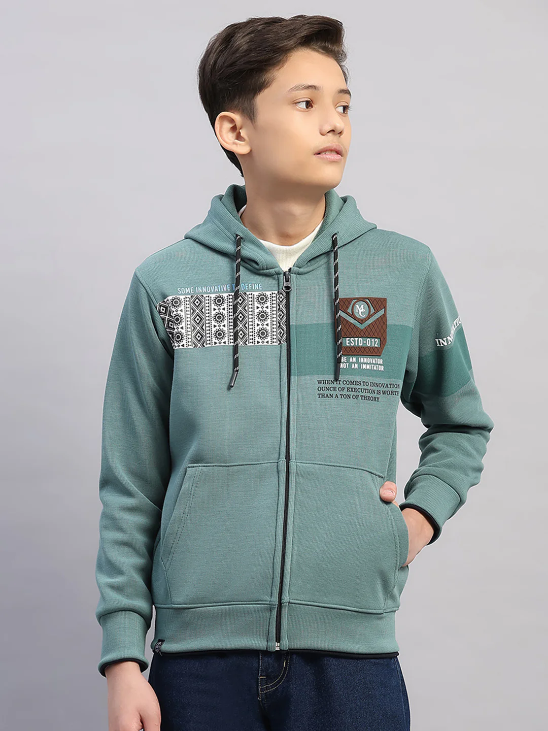 Boys Olive Printed Hooded Full Sleeve Sweatshirt
