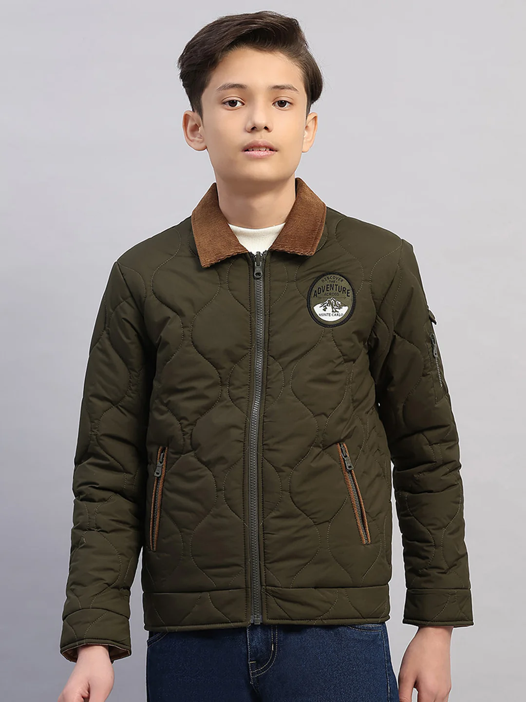 Boys Olive Solid Collar Full Sleeve Reversible Shacket