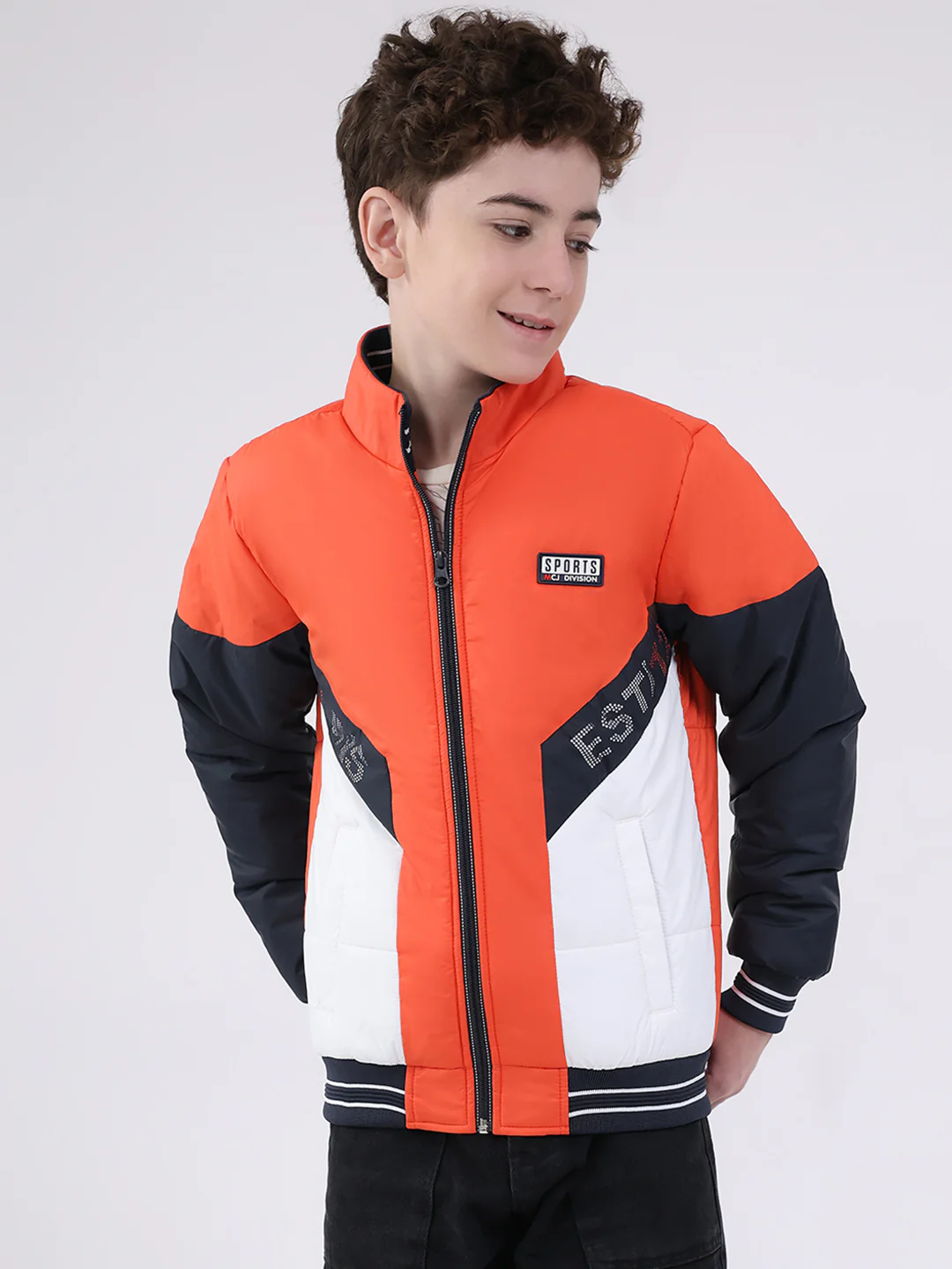 Boys Orange Printed Mock Neck Full Sleeve Jacket