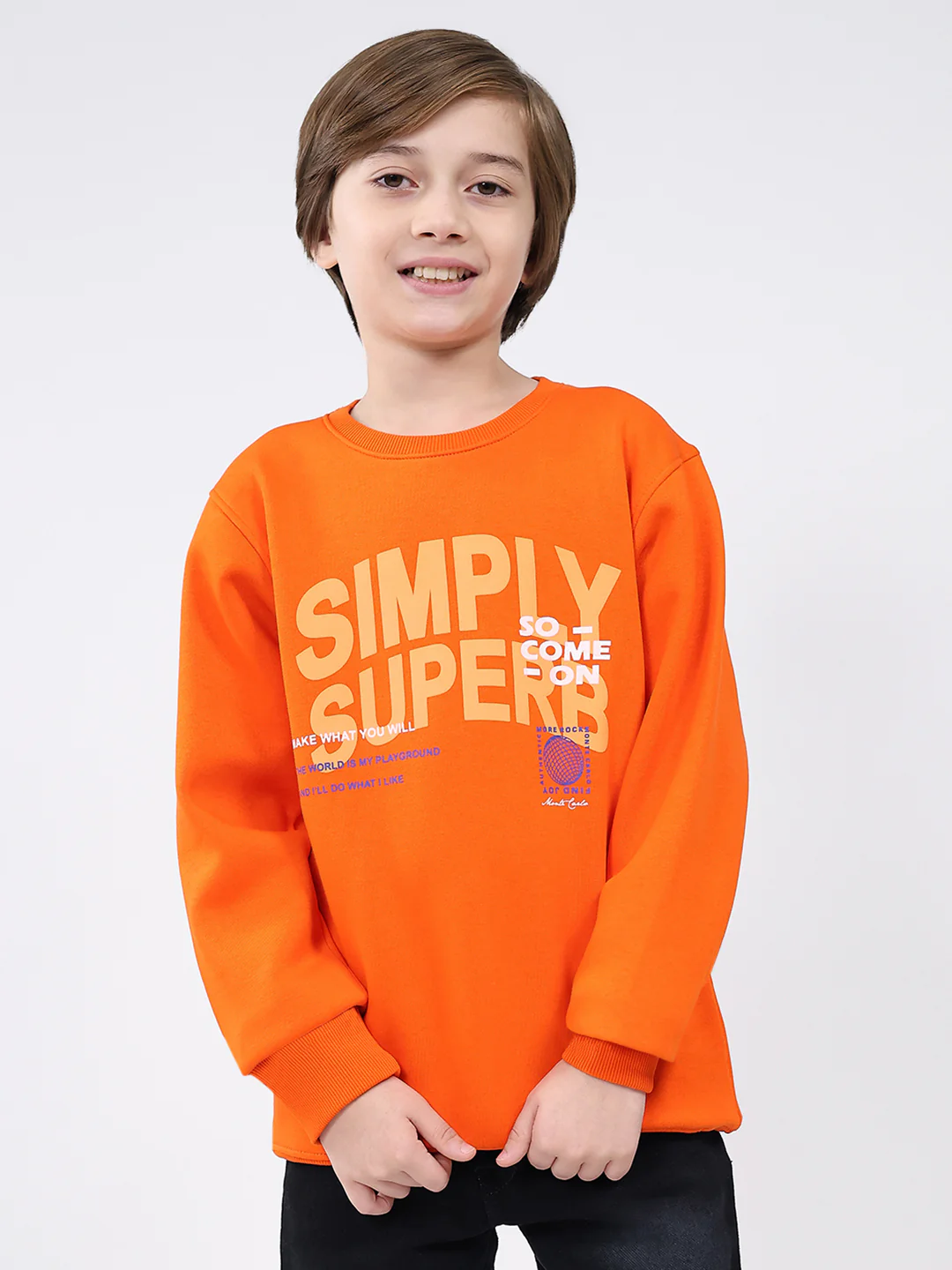 Boys Orange Printed Round Neck Full Sleeve Sweatshirt
