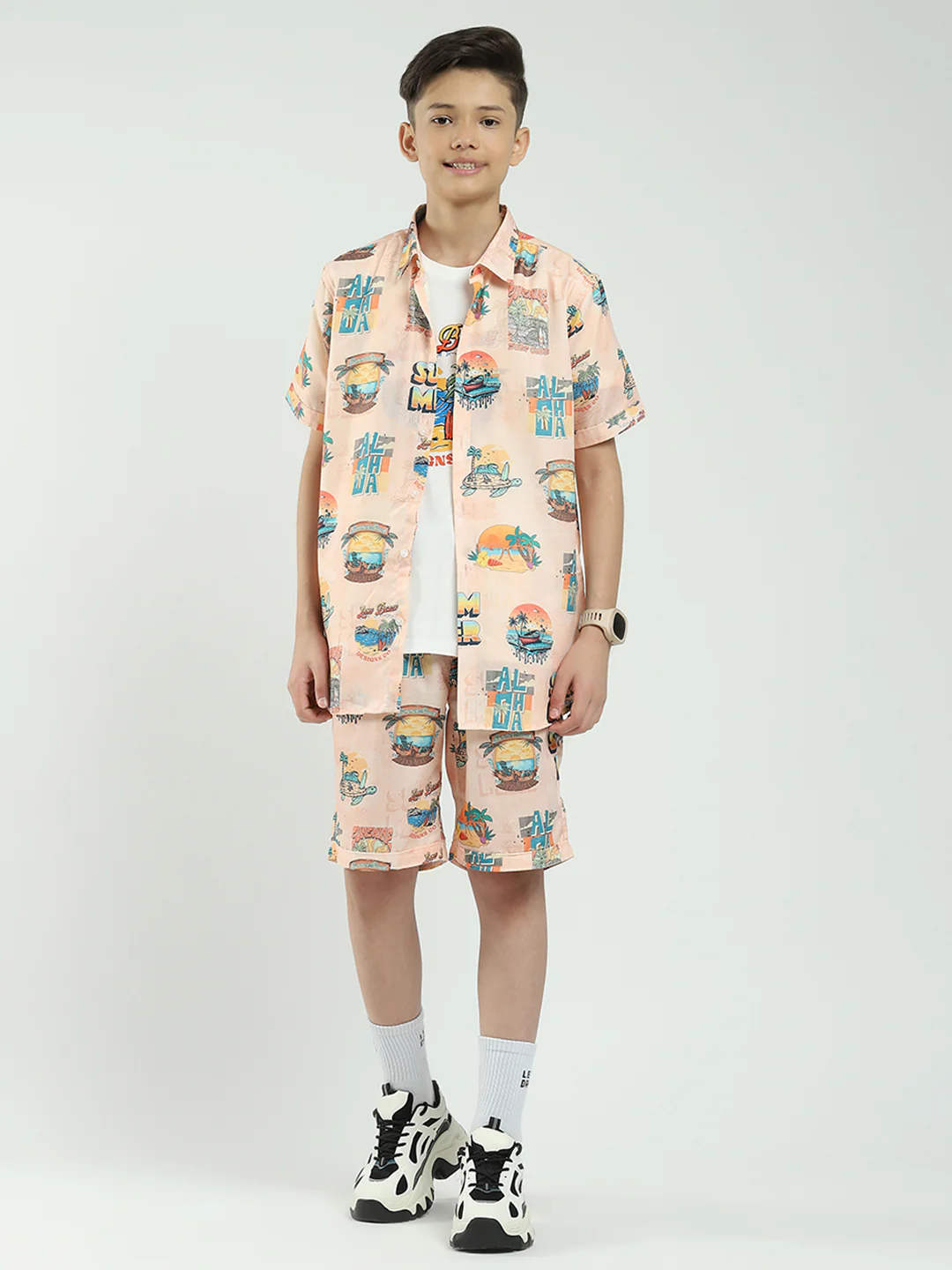 Boys Peach Printed Collar Half Sleeve Cords Set