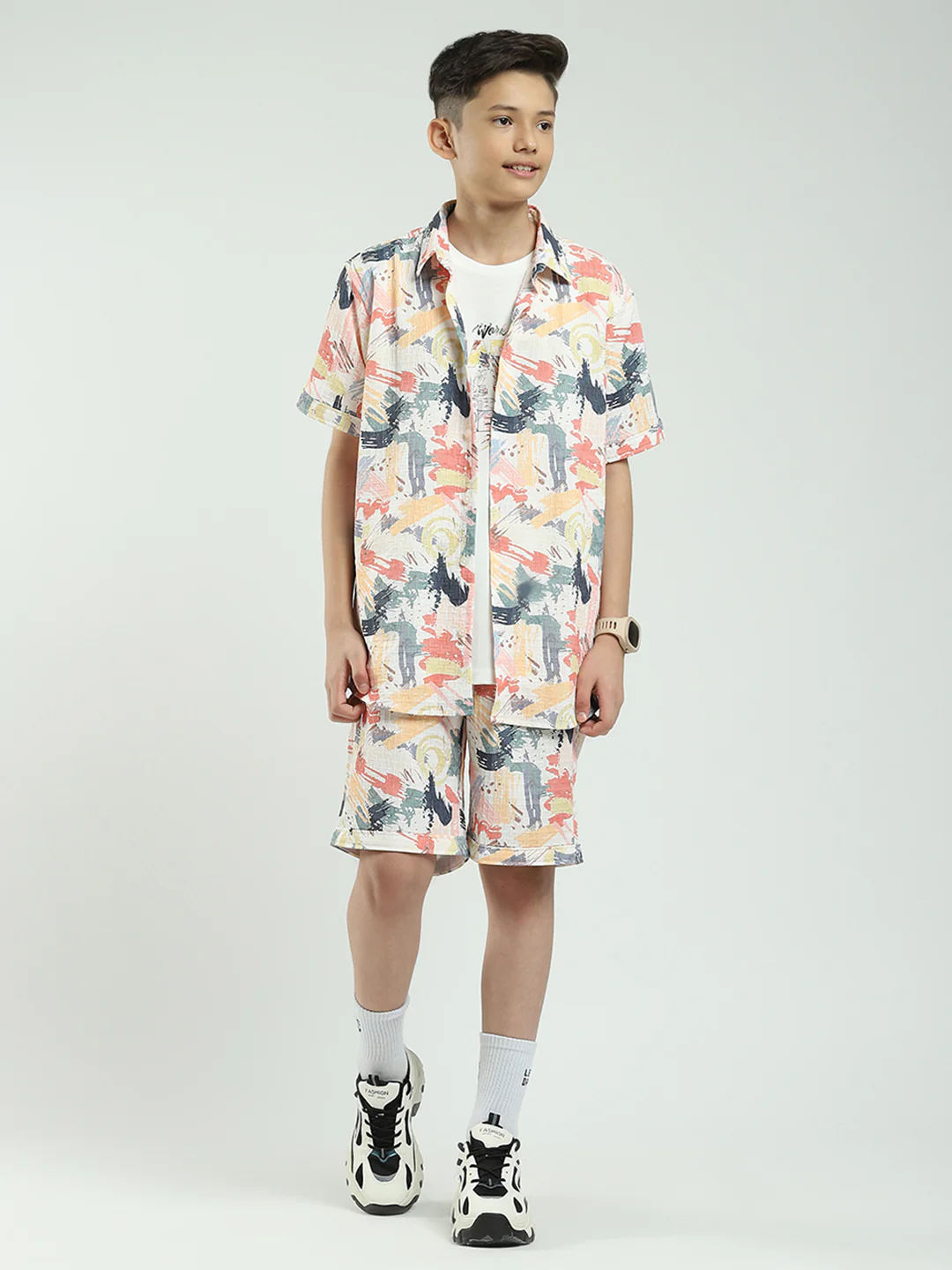 Boys Pink Printed Collar Half Sleeve Cords Set