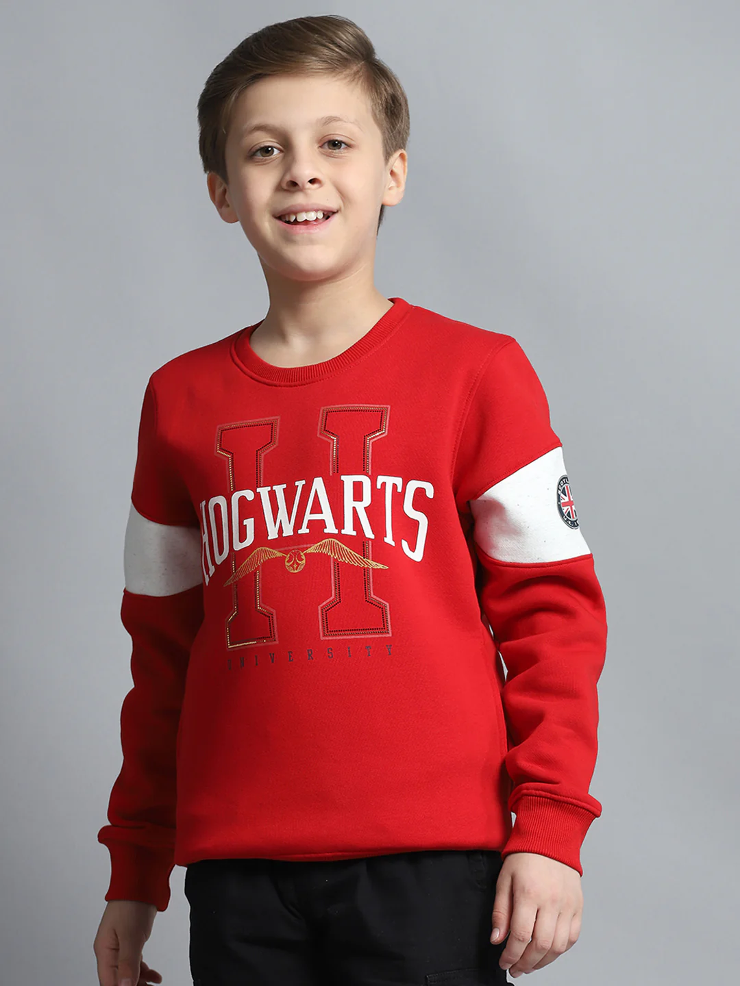 Boys Red Printed Round Neck Full Sleeve Sweatshirt