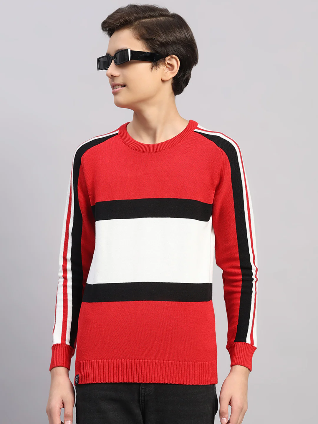 Boys Red Stripe Round Neck Full Sleeve Pullover