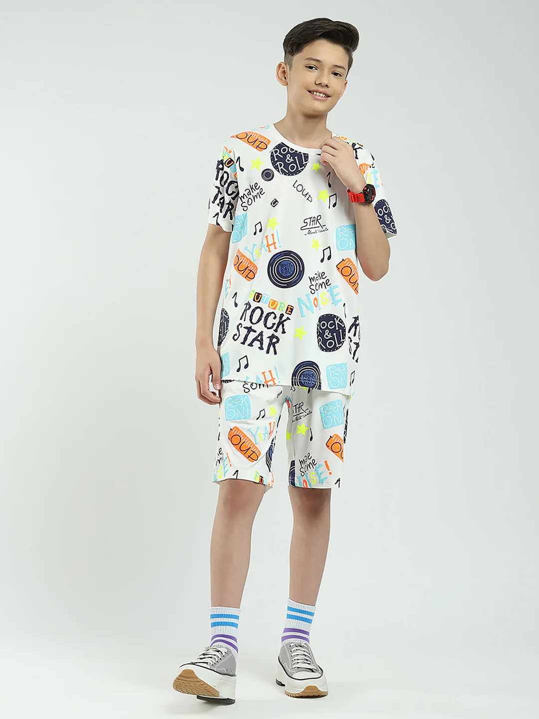 Boys White Printed Round Neck Half Sleeve Bermuda Set