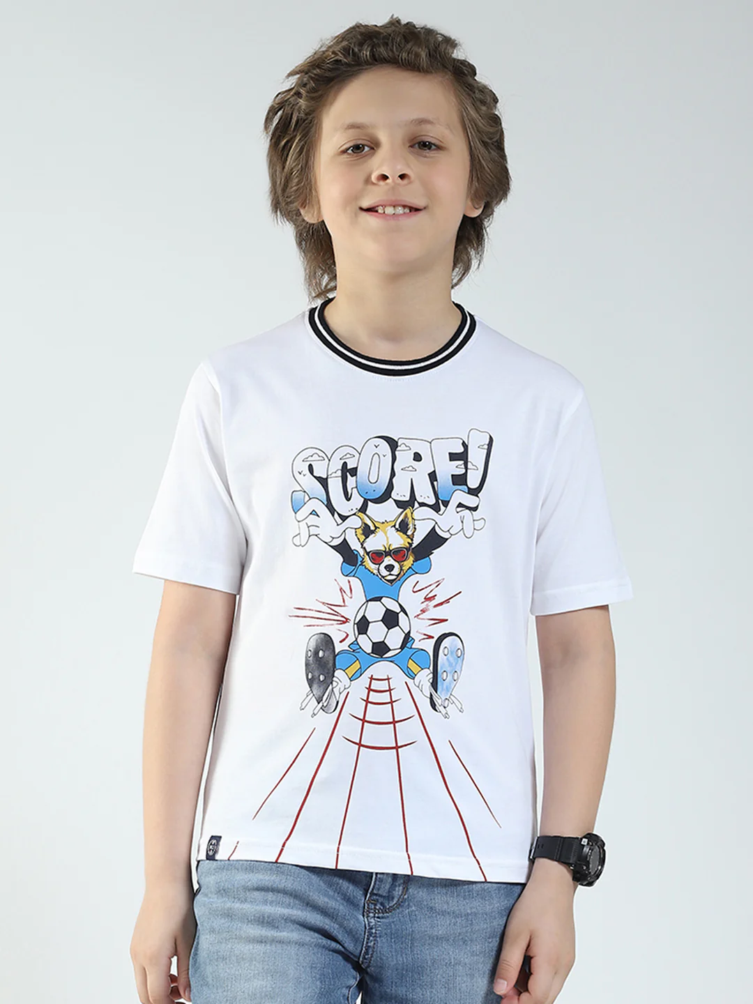 Boys White Printed Round Neck Half Sleeve T-Shirt