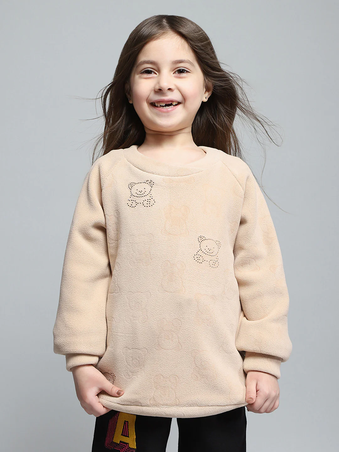 Girls Beige Self Design Round Neck Full Sleeve Sweatshirt