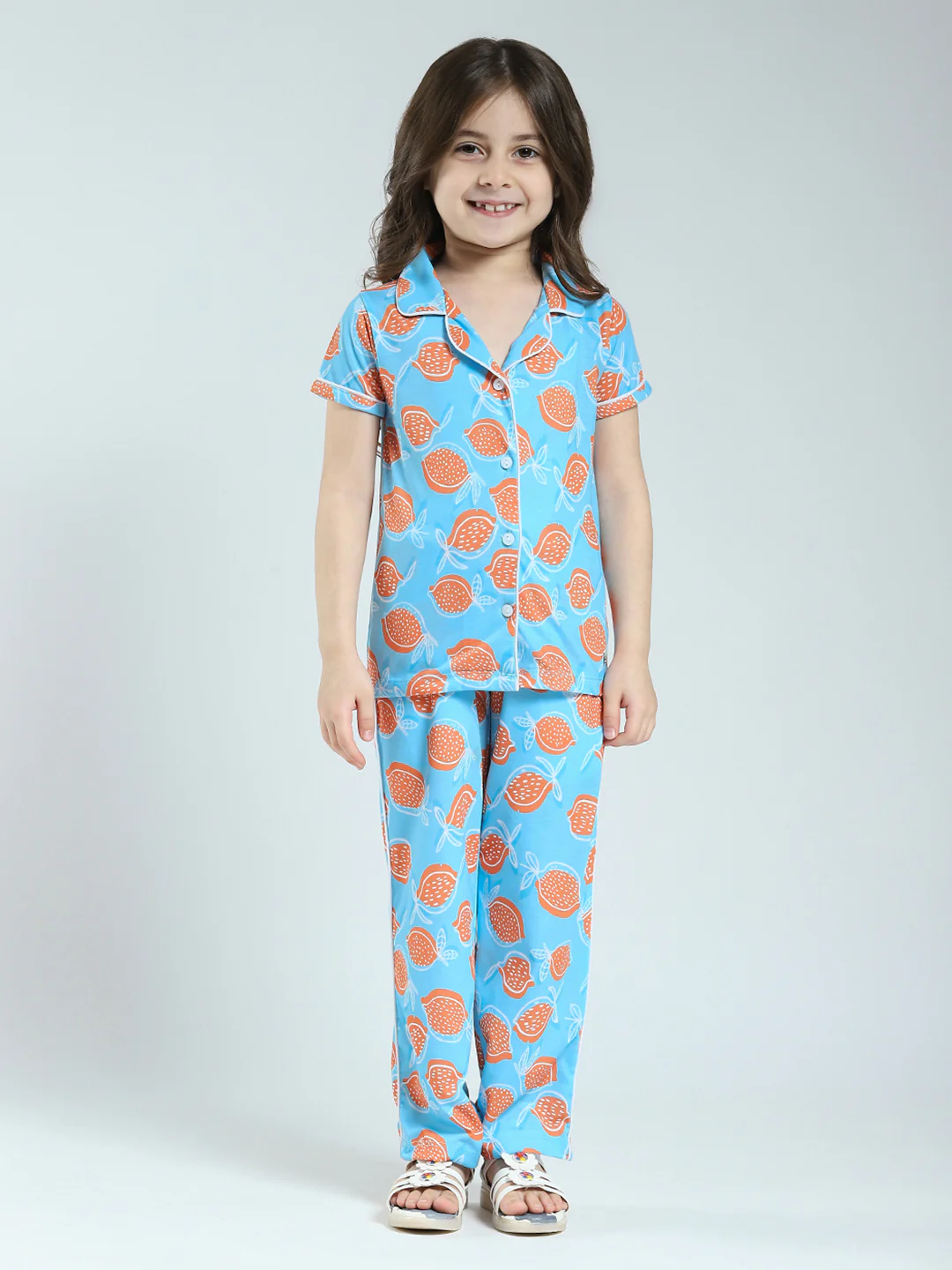 Girls Blue Printed Collar Half Sleeve Lower Set