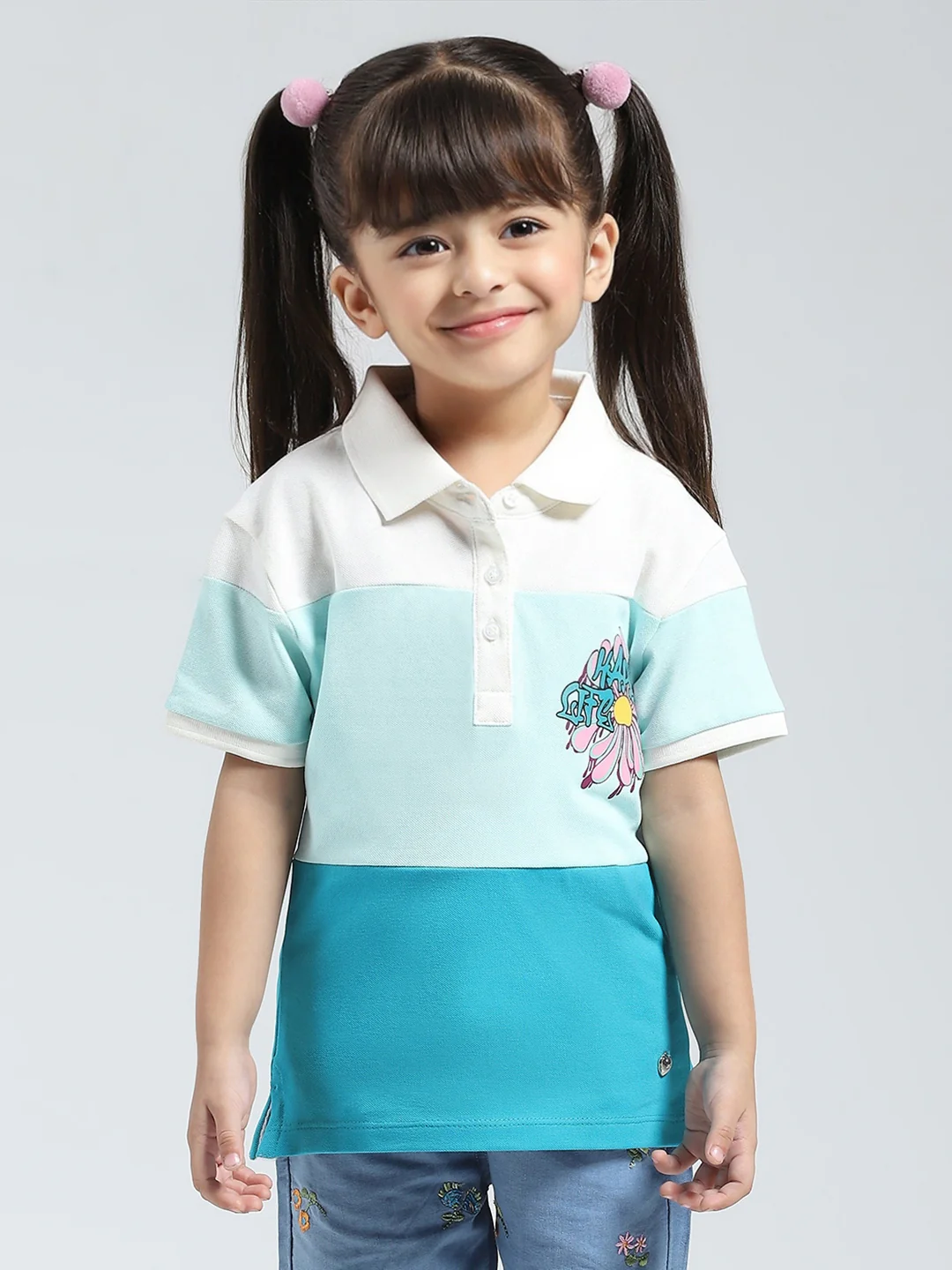 Girls Blue Printed Collar Half Sleeve T-Shirt