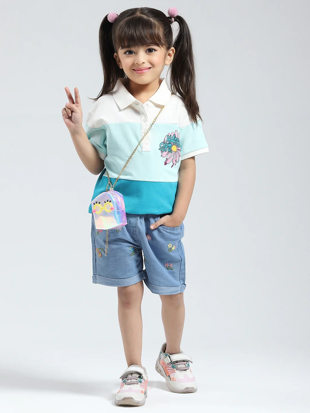 Girls Blue Printed Collar Half Sleeve T-Shirt - Image 2