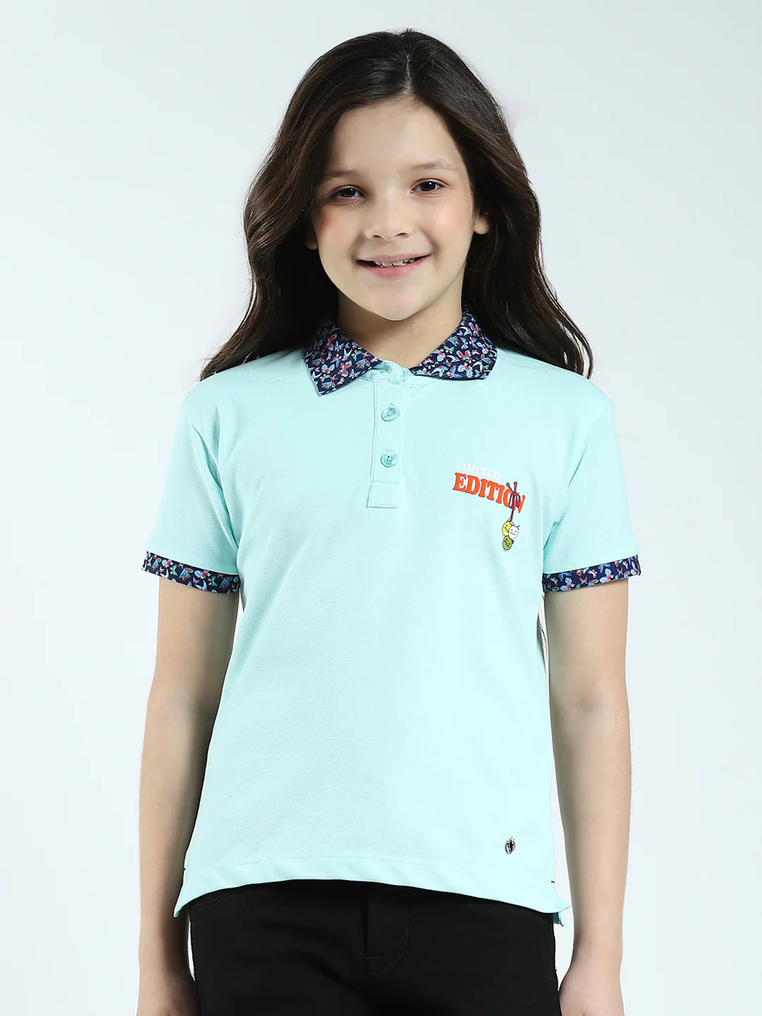 Girls Blue Solid Collar Half Sleeve T-Shirt