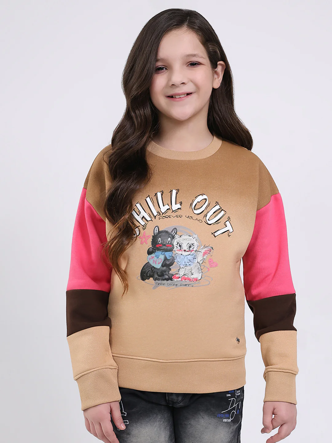 Girls Brown Printed Round Neck Full Sleeve Sweatshirt