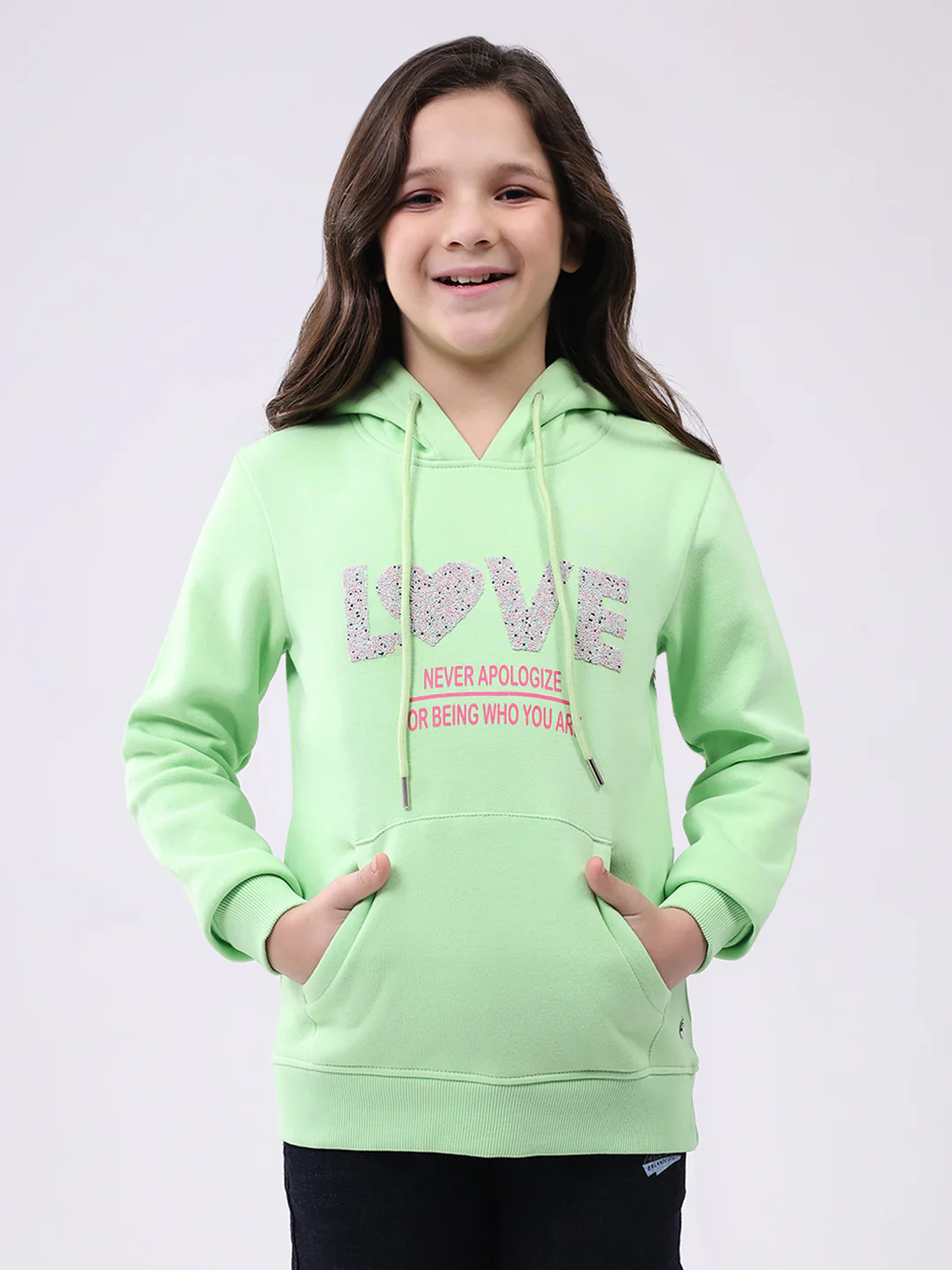 Girls Green Printed Hooded Full Sleeve Sweatshirt