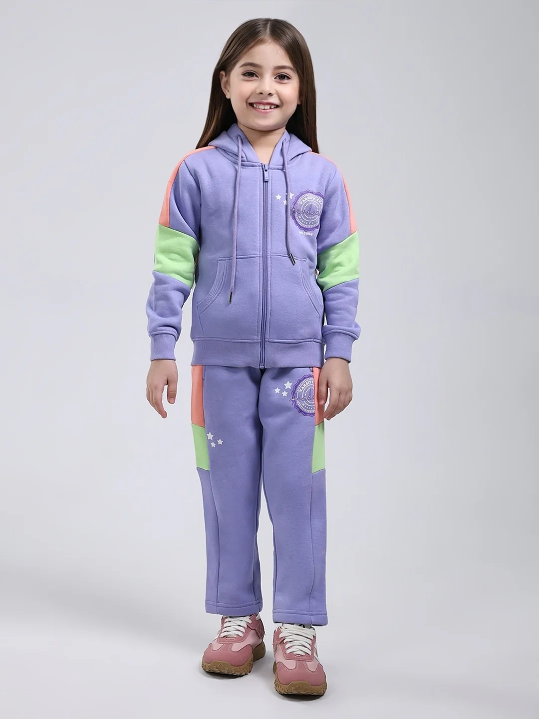 Girls Purple Printed Hooded Full Sleeve Tracksuit