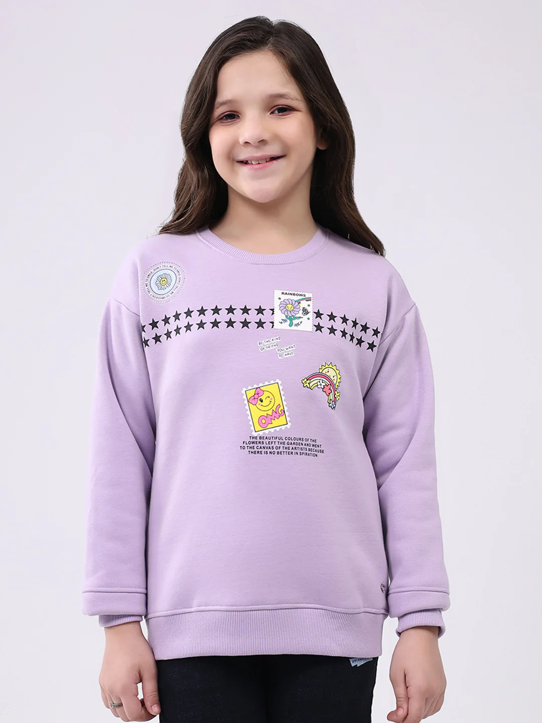 Girls Purple Printed Round Neck Full Sleeve Sweatshirt