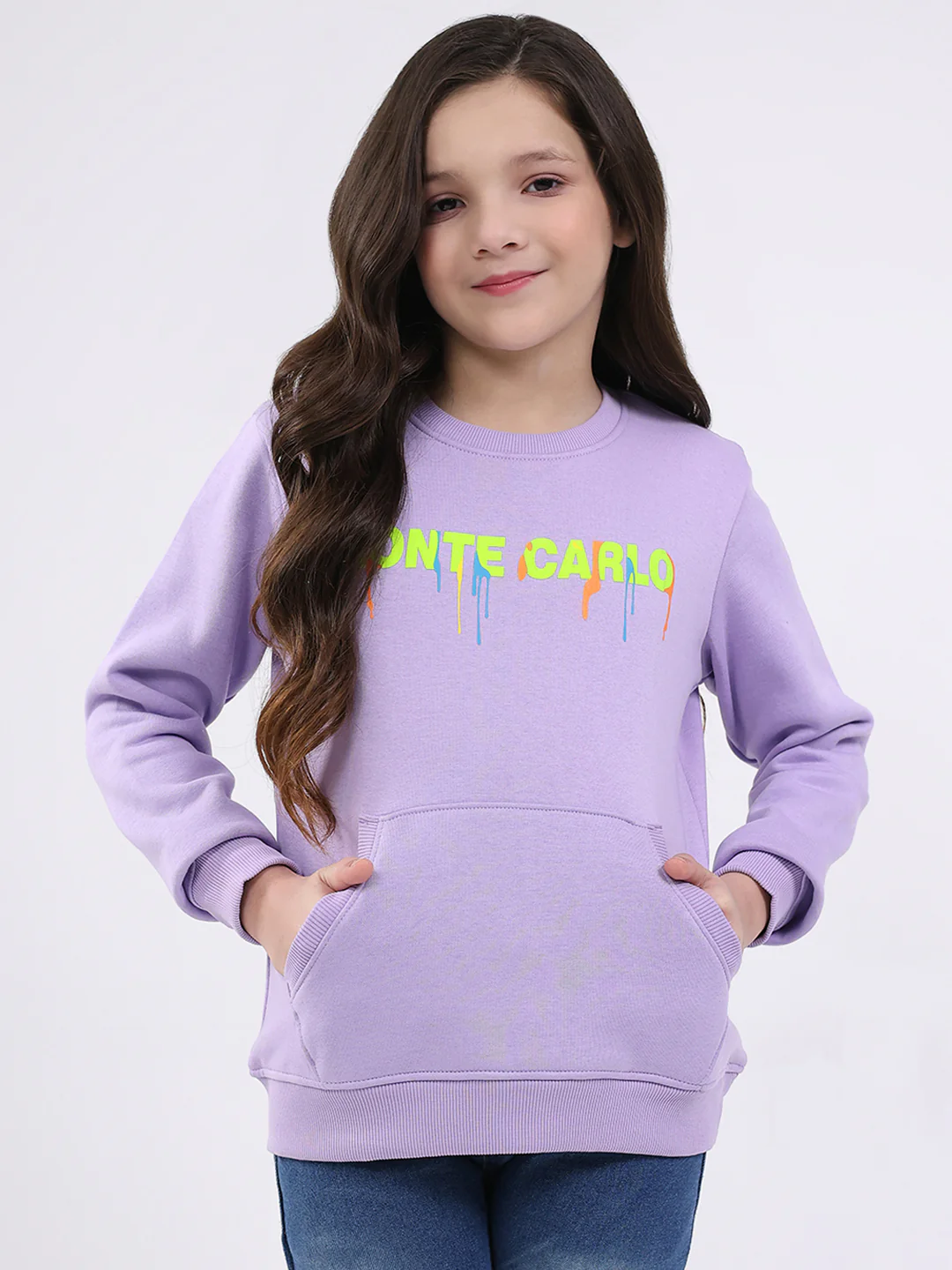 Girls Purple Printed Round Neck Full Sleeve Sweatshirt