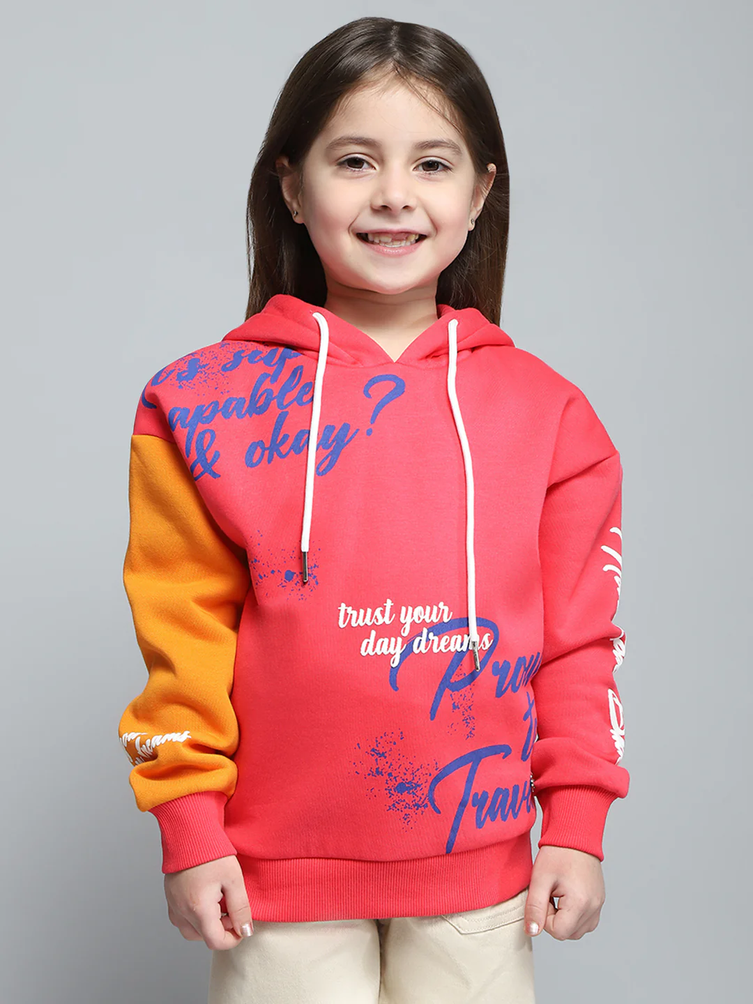 Girls Red Printed Hooded Full Sleeve Sweatshirt