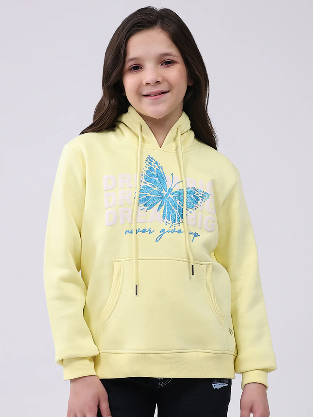 Girls Yellow Printed Hooded Full Sleeve Sweatshirt