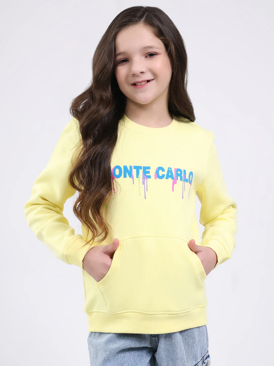 Girls Yellow Printed Round Neck Full Sleeve Sweatshirt