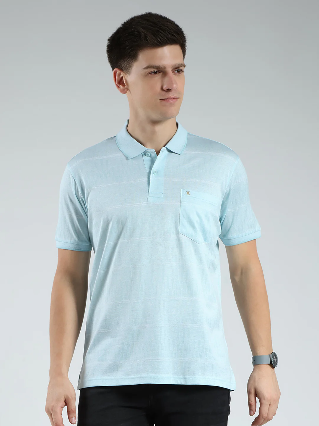 Luxuria Men Green Stripe Collar Half Sleeve T-Shirt
