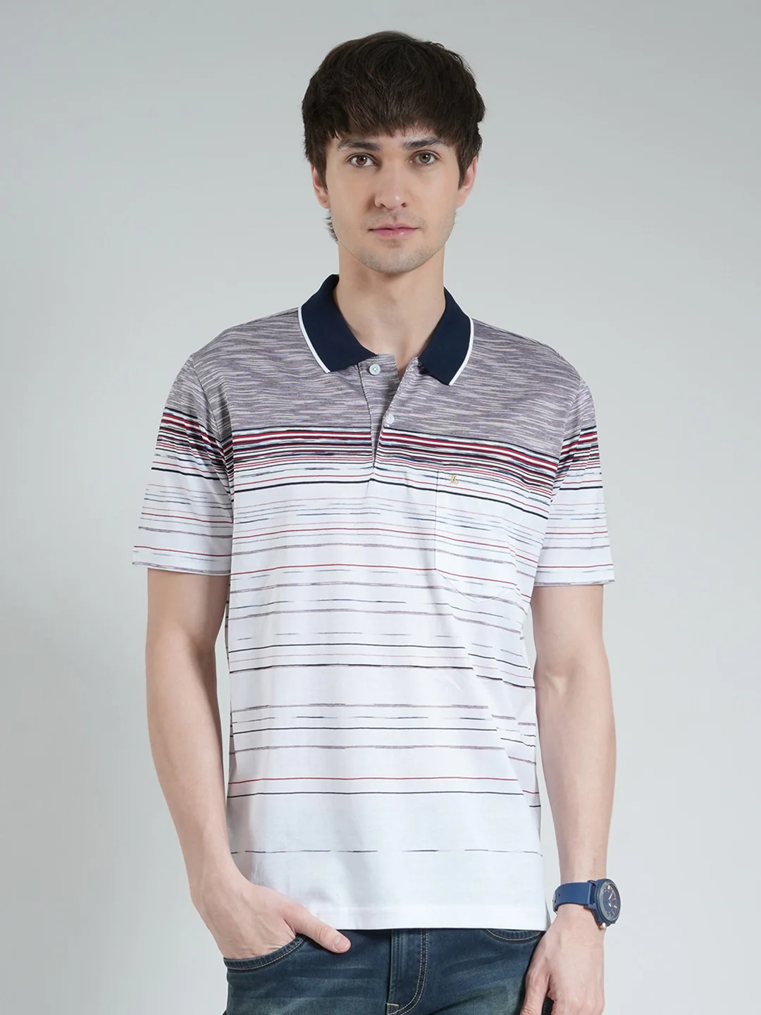 Luxuria Men Off White Stripe Collar Half Sleeve T-Shirt