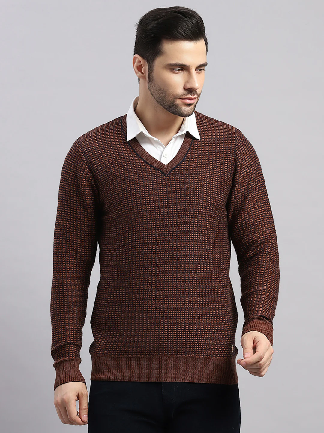 Luxuria Men Rust Printed V Neck Full Sleeve Pullover