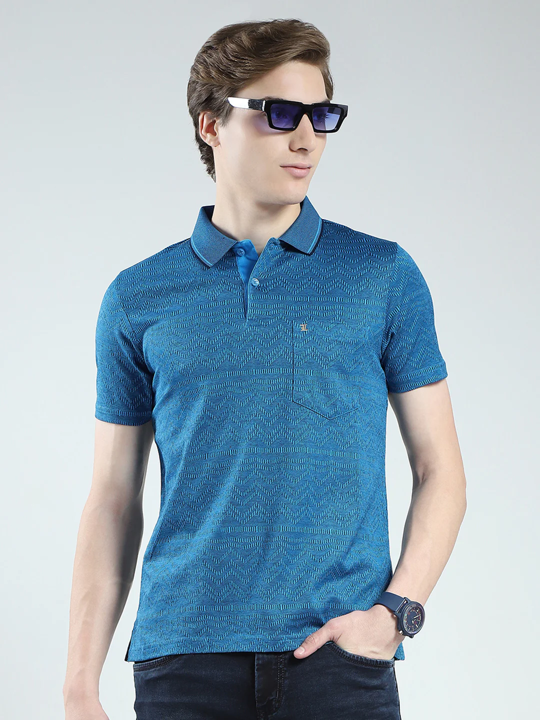 Luxuria Men Teal Blue Self Design Collar Half Sleeve T-Shirt