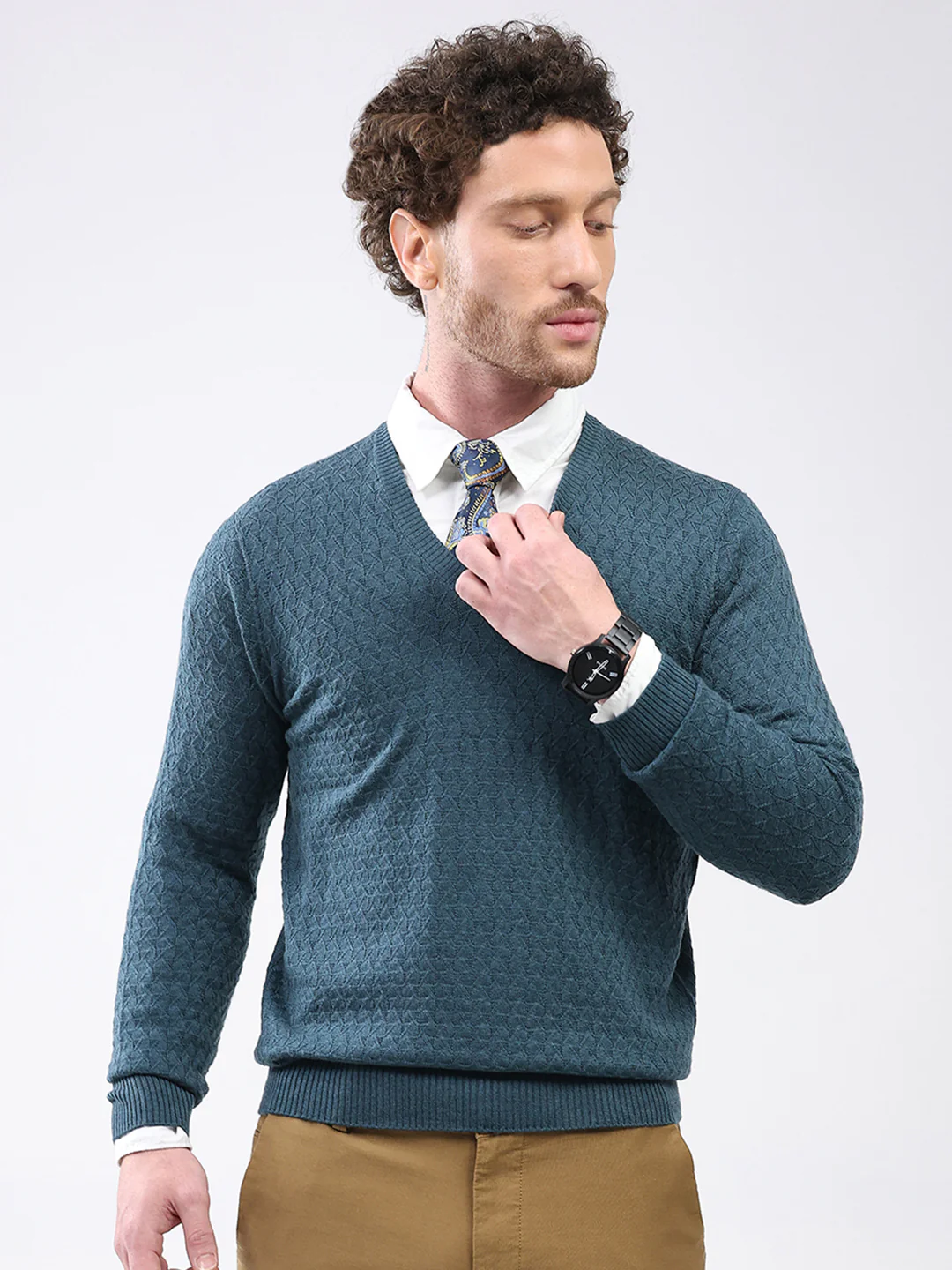 Luxuria Men Teal Blue Self Design V Neck Full Sleeve Pullover