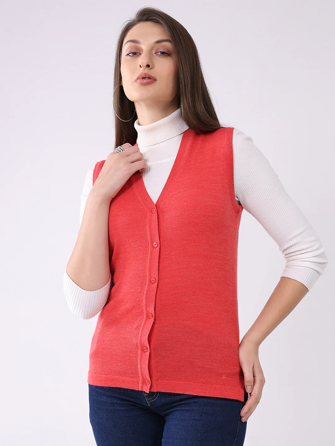 Luxuria Women Pink Solid V Neck Sleeveless Cardigan