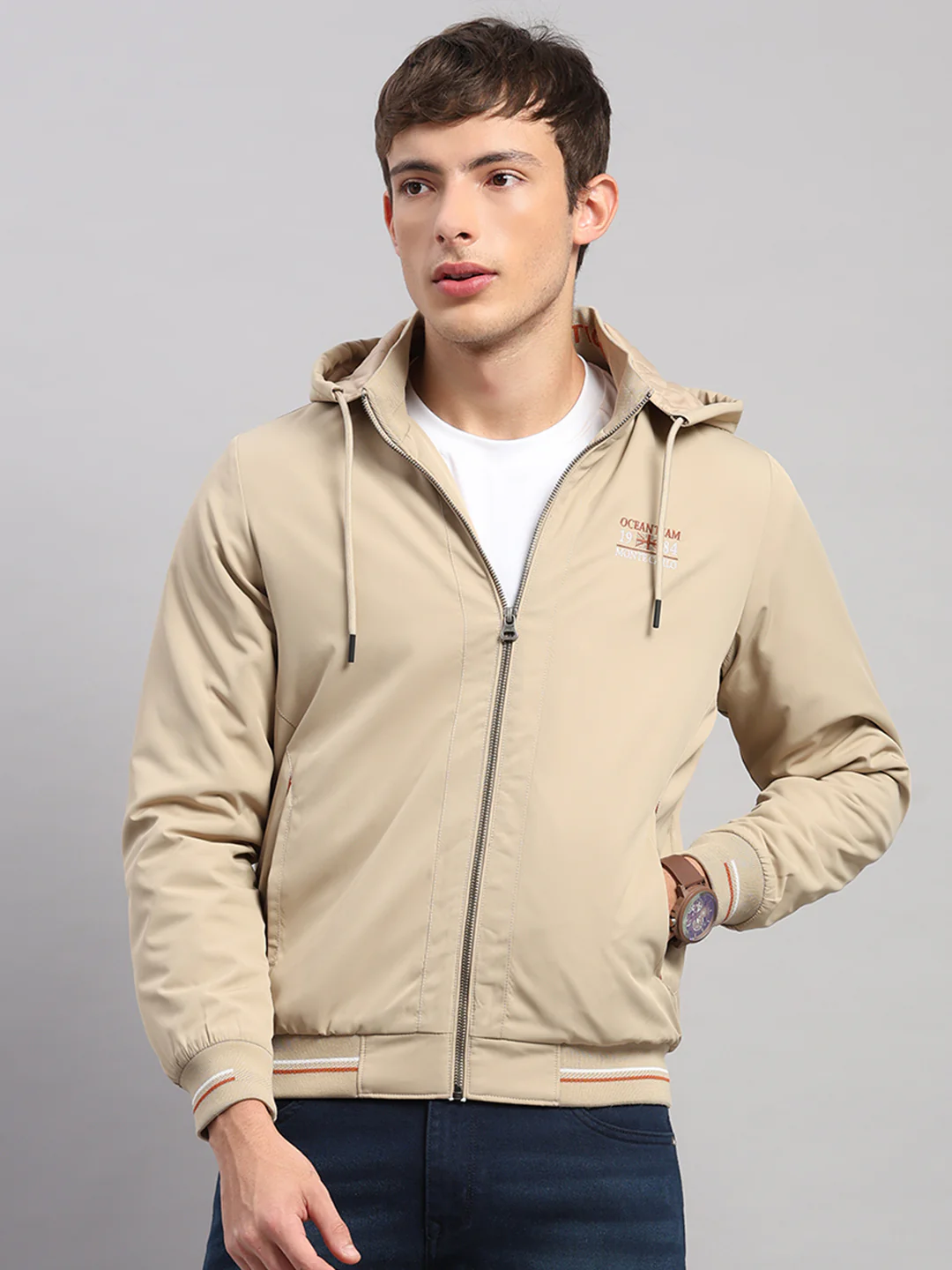 Men Beige Solid Hooded Full Sleeve Jacket