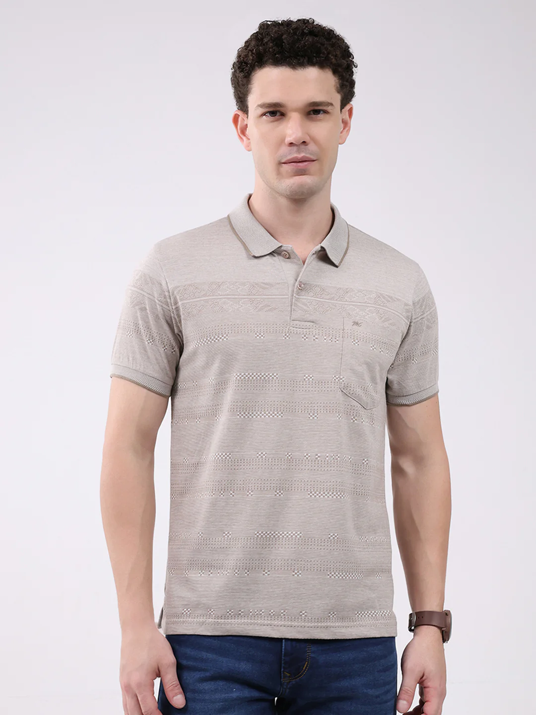 Men Beige Stripe Collar Half Sleeve T-Shirt