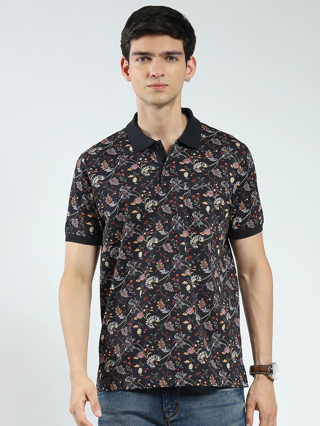 Men Black Printed Collar Half Sleeve T-Shirt